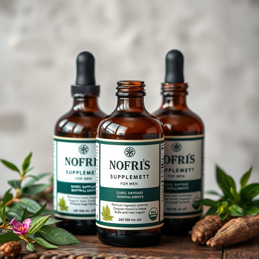 Suplementos naturales premium para hombres, frascos elegantes con ingredientes orgánicos y plantas medicinales en un ambiente natural y profesional
