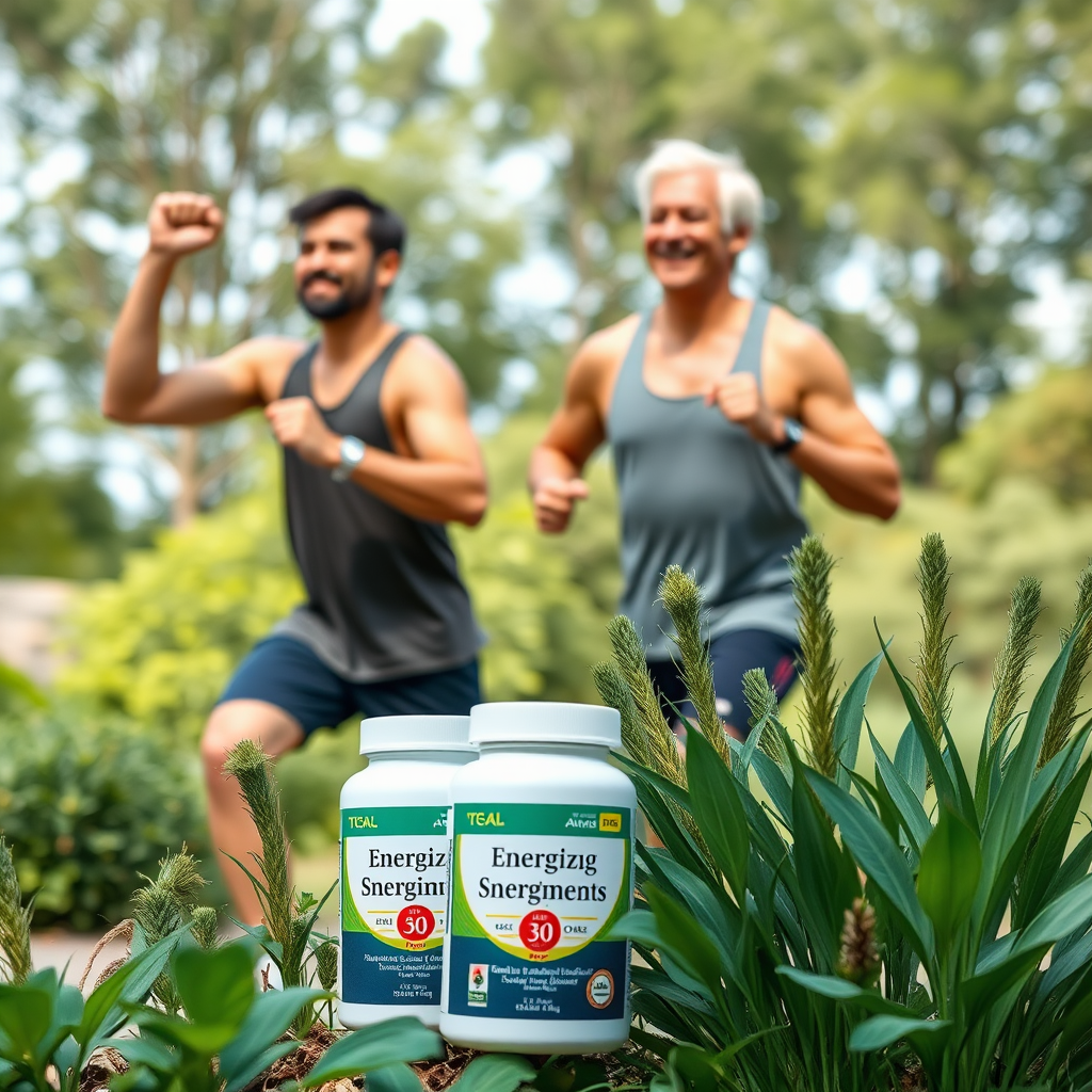 Hombres activos de más de 30 años haciendo ejercicio al aire libre, con suplementos naturales y plantas energizantes en primer plano, ambiente saludable y vibrante