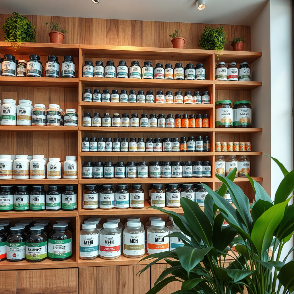 Tienda moderna de suplementos naturales en Valencia con productos para la salud masculina, estantes de madera con frascos de suplementos naturales, ambiente cálido y acogedor con plantas verdes