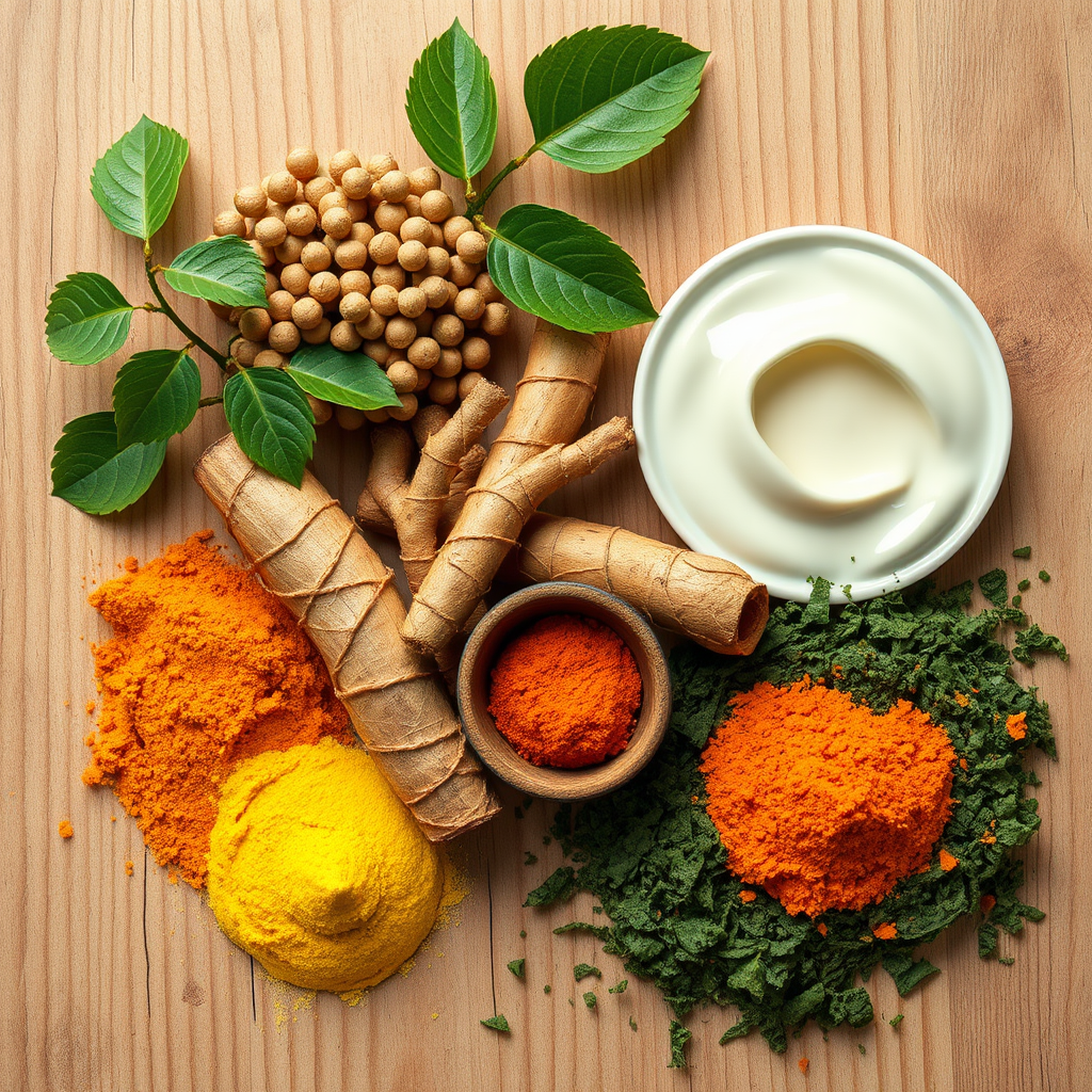 Collage de ingredientes naturales para la salud masculina incluyendo ashwagandha, maca, ginseng, cúrcuma y espirulina dispuestos artísticamente sobre una superficie de madera natural con luz suave