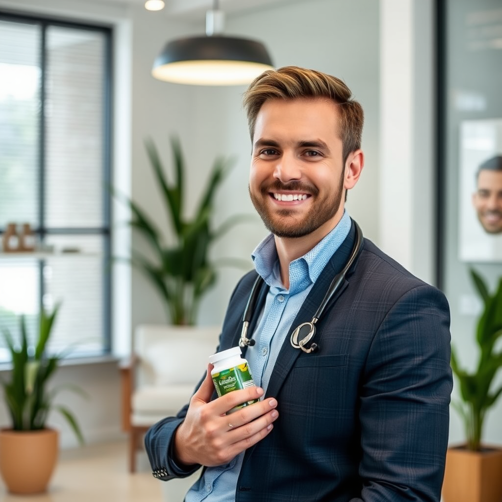 Profesional de la salud masculina en Valencia realizando consulta personalizada sobre suplementos naturales para hombres, ambiente moderno y acogedor