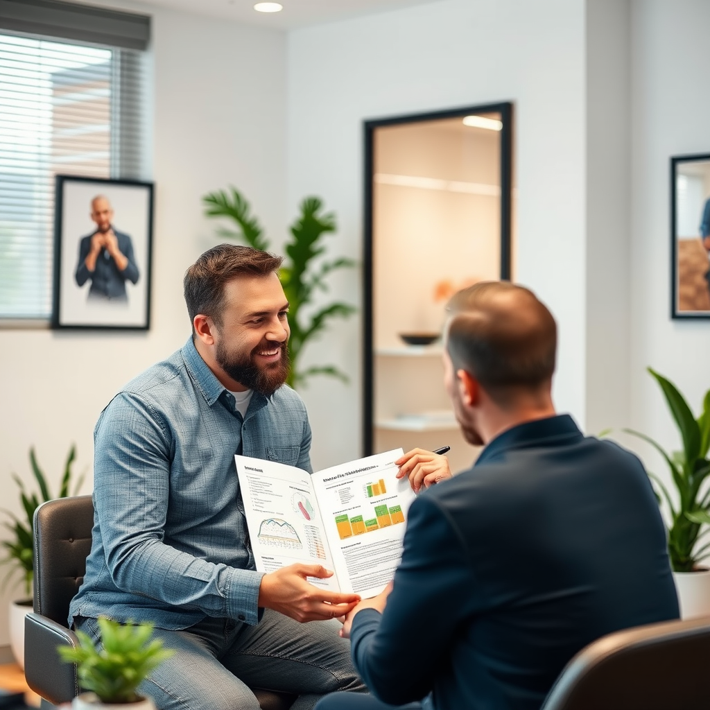 Consulta personalizada de salud masculina con experto en suplementos naturales en oficina moderna de Valencia, mostrando análisis de necesidades nutricionales y planes de bienestar