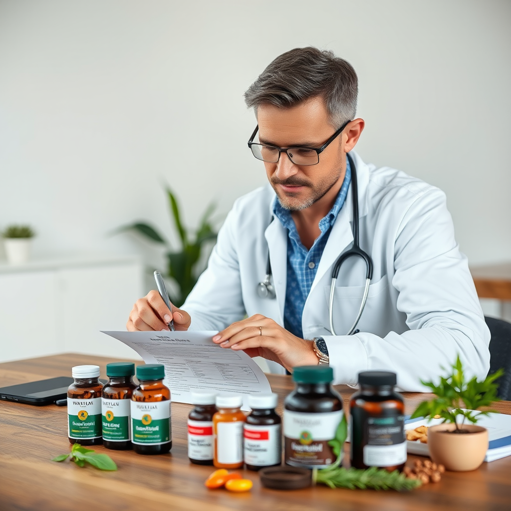 Profesional de la salud masculina creando un plan personalizado de suplementos naturales con frascos de vitaminas y hierbas sobre una mesa de madera, ambiente moderno y profesional