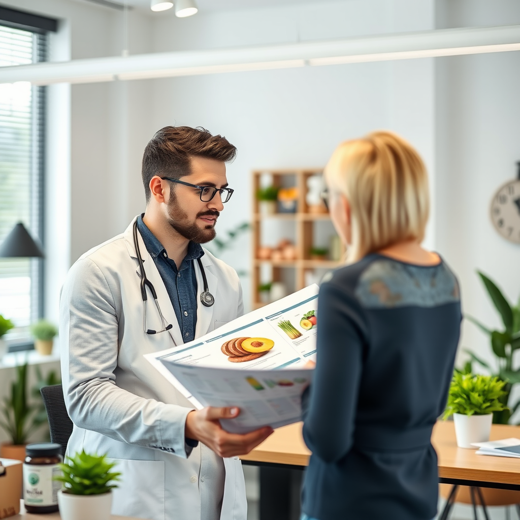 Nutricionista especializado en salud masculina consultando con cliente sobre plan alimentario personalizado, mostrando suplementos naturales y gráficos nutricionales en oficina moderna