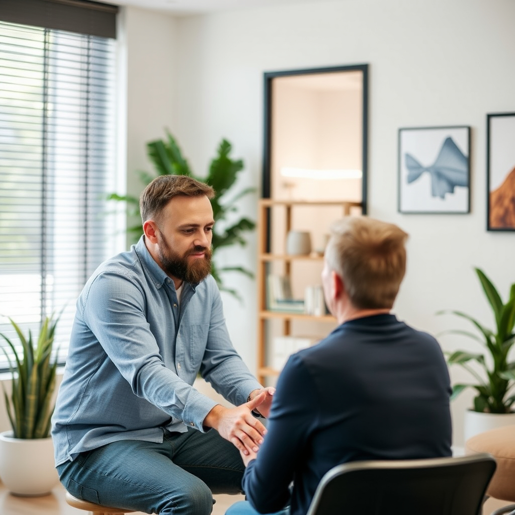 Coach masculino profesional realizando sesión personalizada de bienestar con cliente en oficina moderna de Valencia