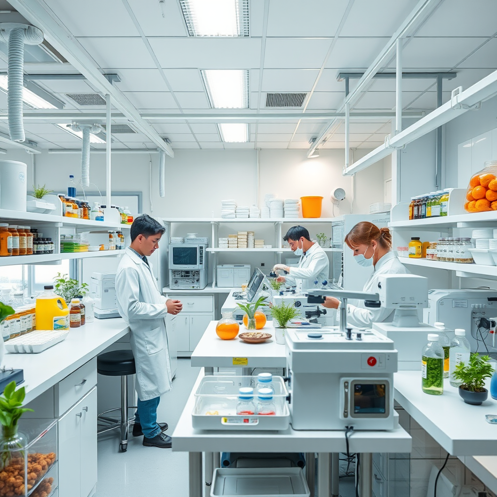 Laboratorio moderno de suplementos naturales con equipos de última generación, científicos trabajando con ingredientes naturales, ambiente limpio y profesional