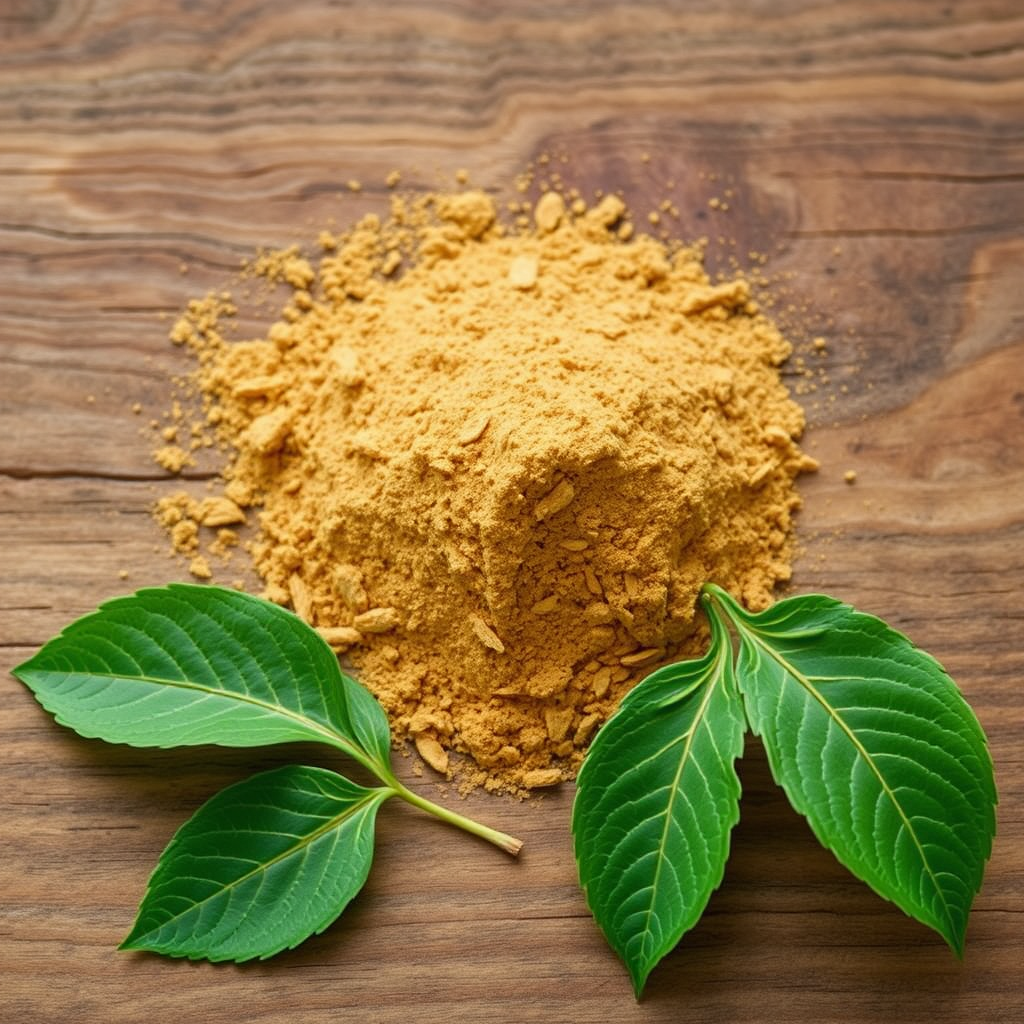 Raíces secas de ashwagandha en polvo sobre una superficie de madera con hojas verdes frescas de la planta