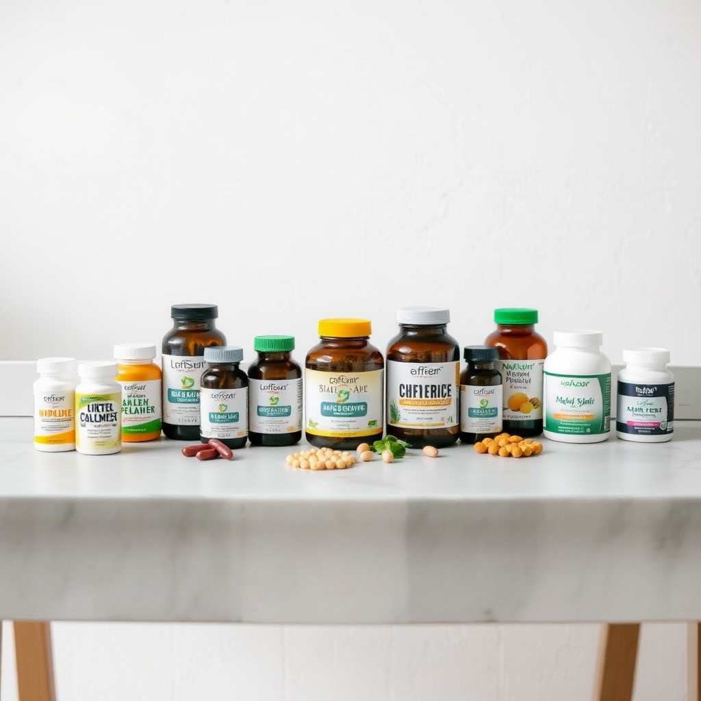Mesa con suplementos naturales organizados en un plan personalizado para la vitalidad masculina, frascos de productos naturales dispuestos profesionalmente