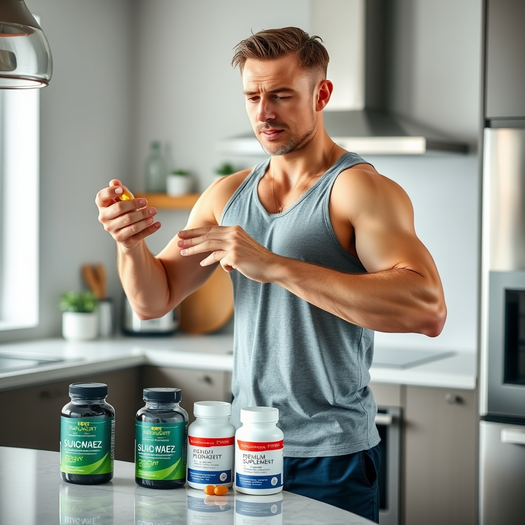 Hombre atlético de mediana edad tomando suplementos naturales en una cocina moderna, mostrando vitalidad y energía, con frascos de suplementos premium en el mostrador