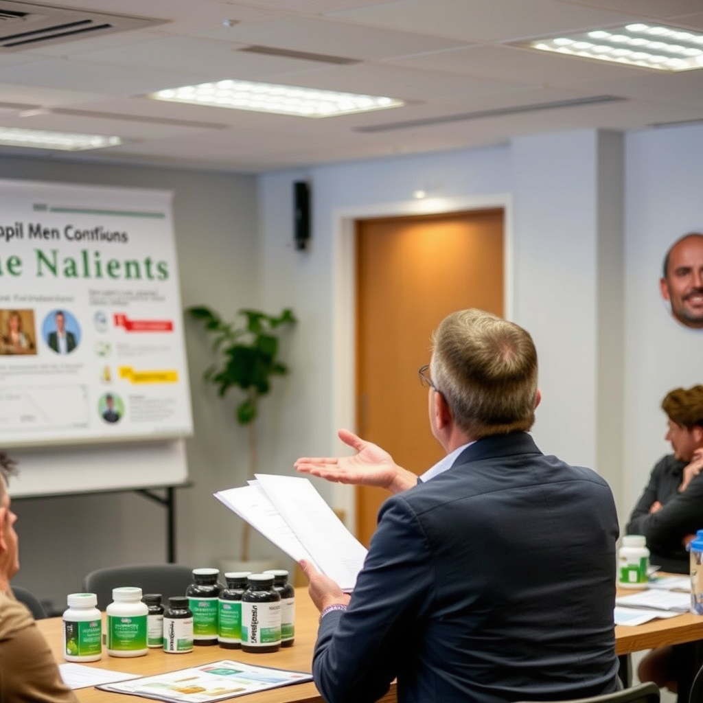 Instructor profesional explicando beneficios de suplementos naturales para la salud masculina en taller educativo en Valencia, con materiales didácticos sobre mesa