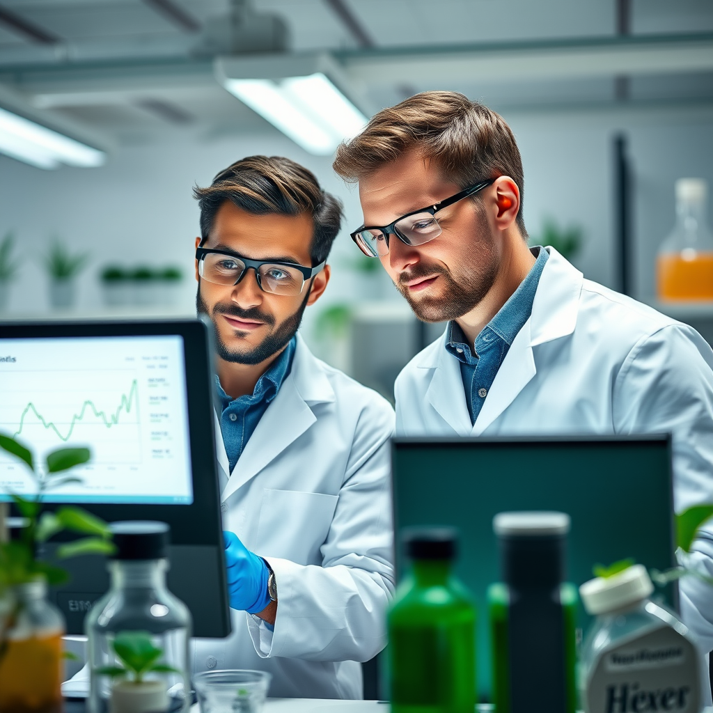 Investigadores en laboratorio analizando compuestos naturales de plantas para suplementos energéticos masculinos, con gráficos de resultados positivos en pantallas