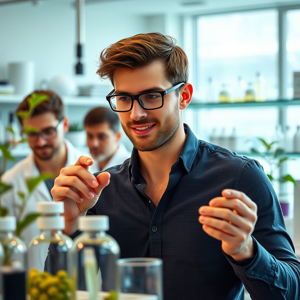 Laboratorio moderno de investigación donde se estudian suplementos naturales para la salud masculina, con científicos analizando compuestos vegetales