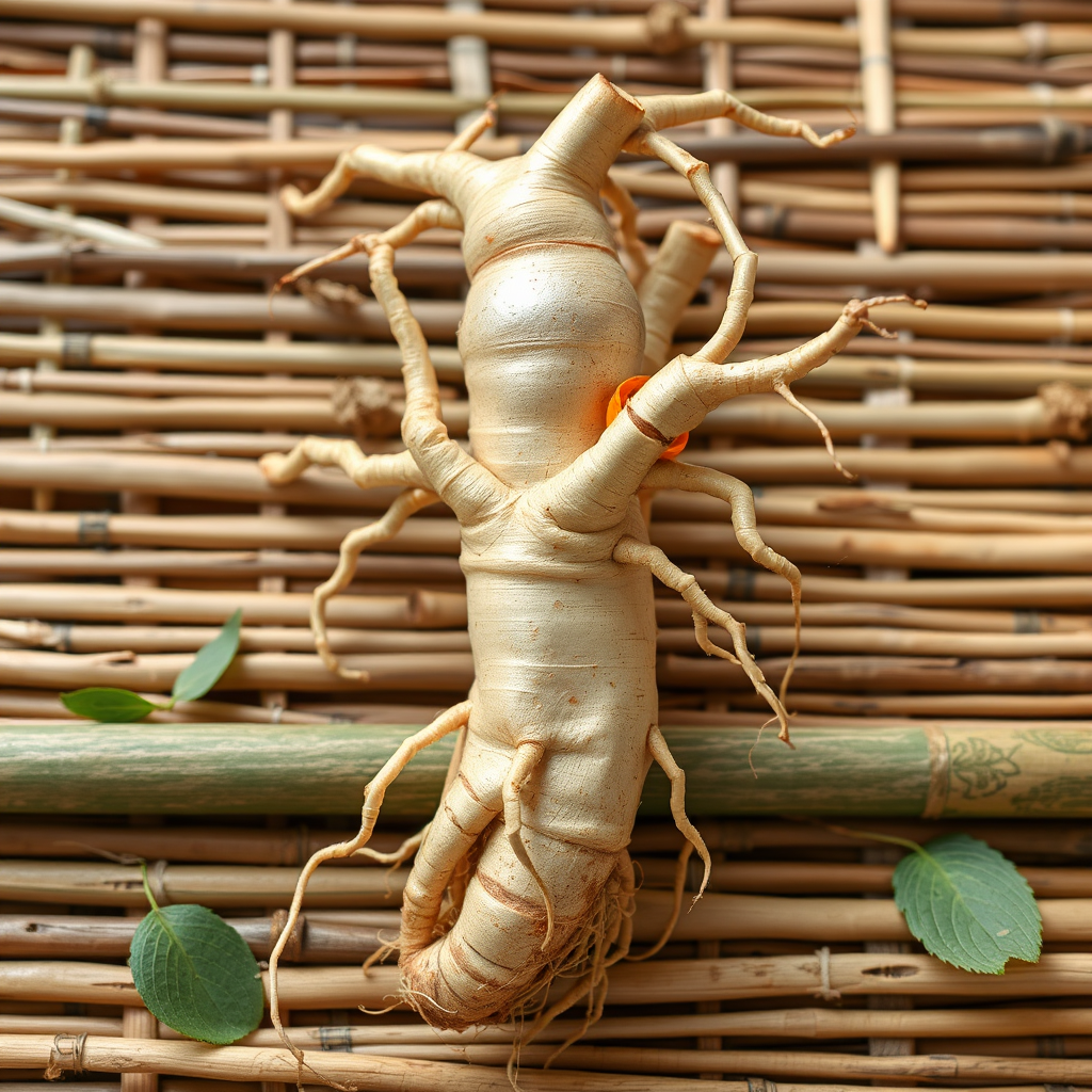 Raíces frescas de ginseng coreano con forma humanoide característica sobre fondo de bambú natural
