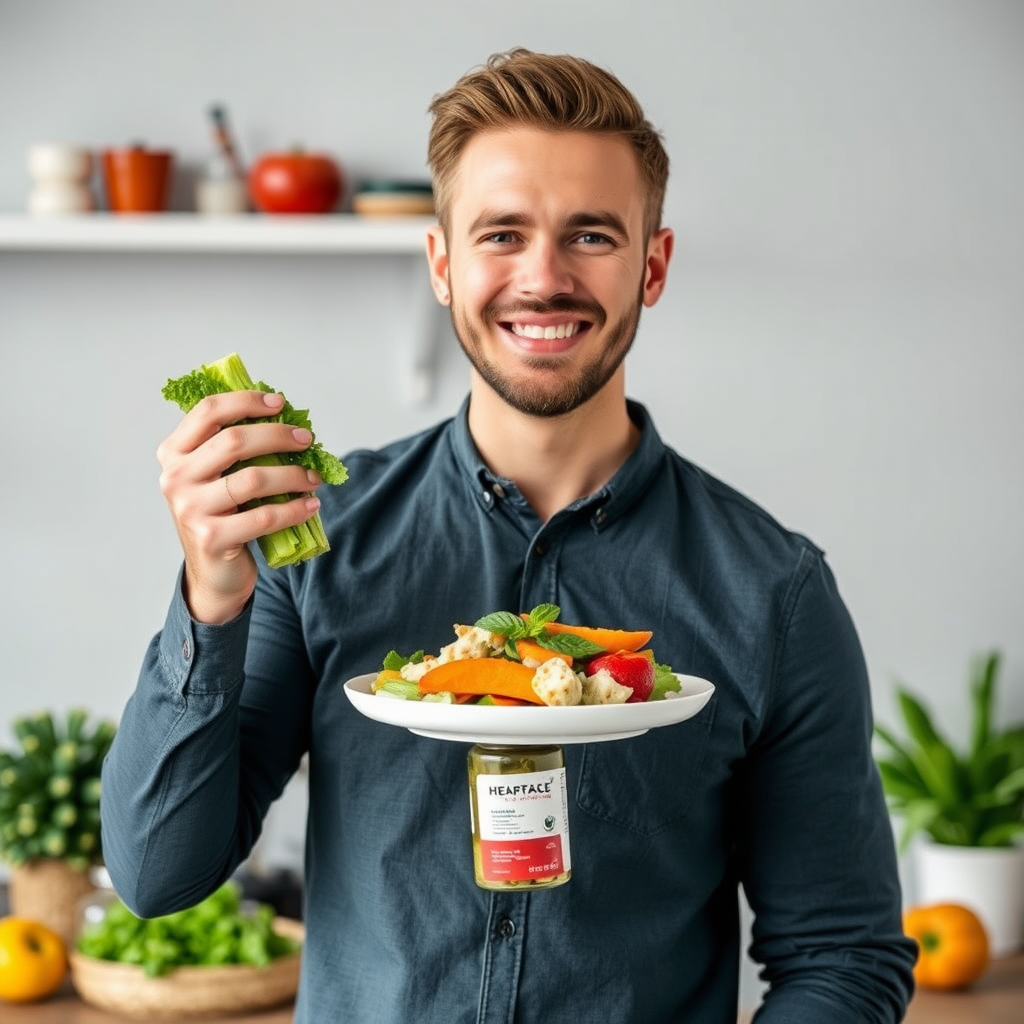 Nutricionista especializado en bienestar masculino mostrando plan alimentario saludable con alimentos naturales y frescos para complementar suplementos