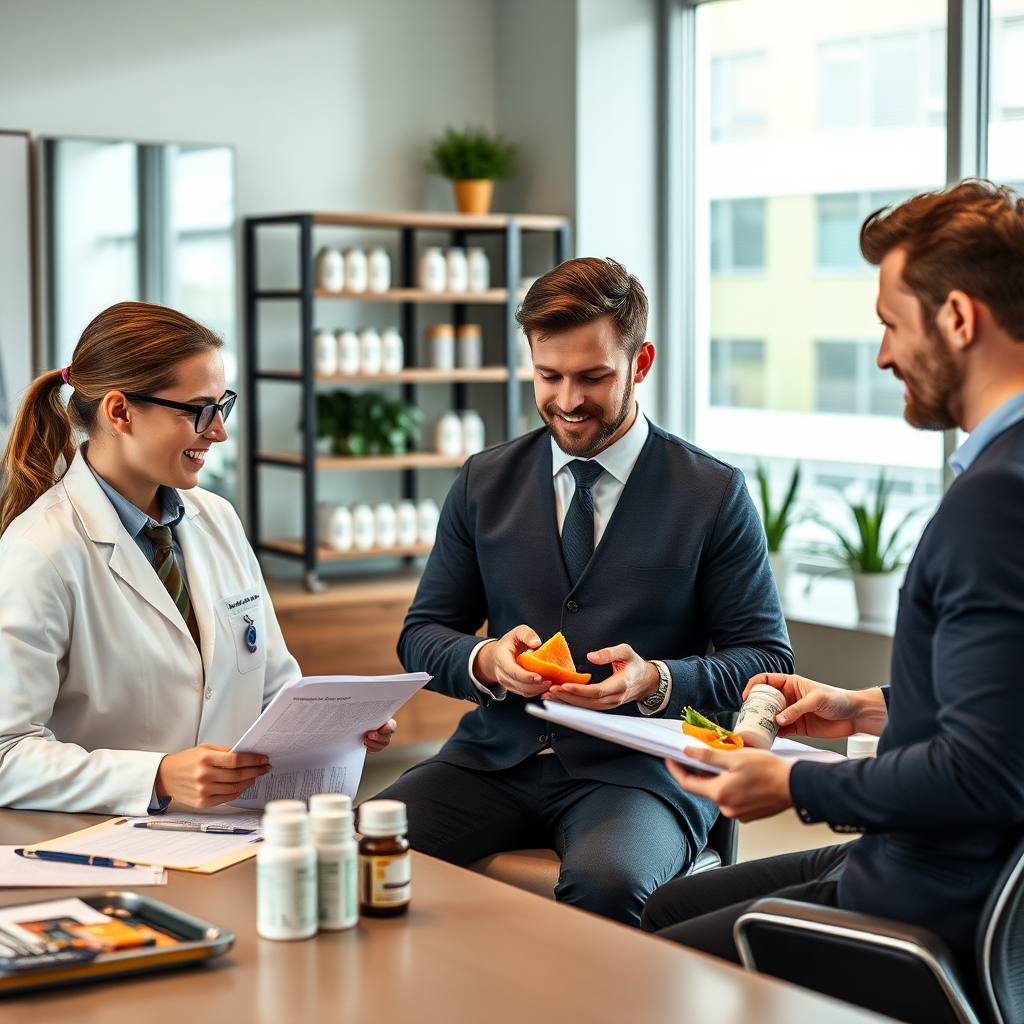 Equipo profesional de nutricionistas especializados en salud masculina trabajando en oficina moderna, revisando planes alimentarios personalizados y suplementos naturales para bienestar masculino