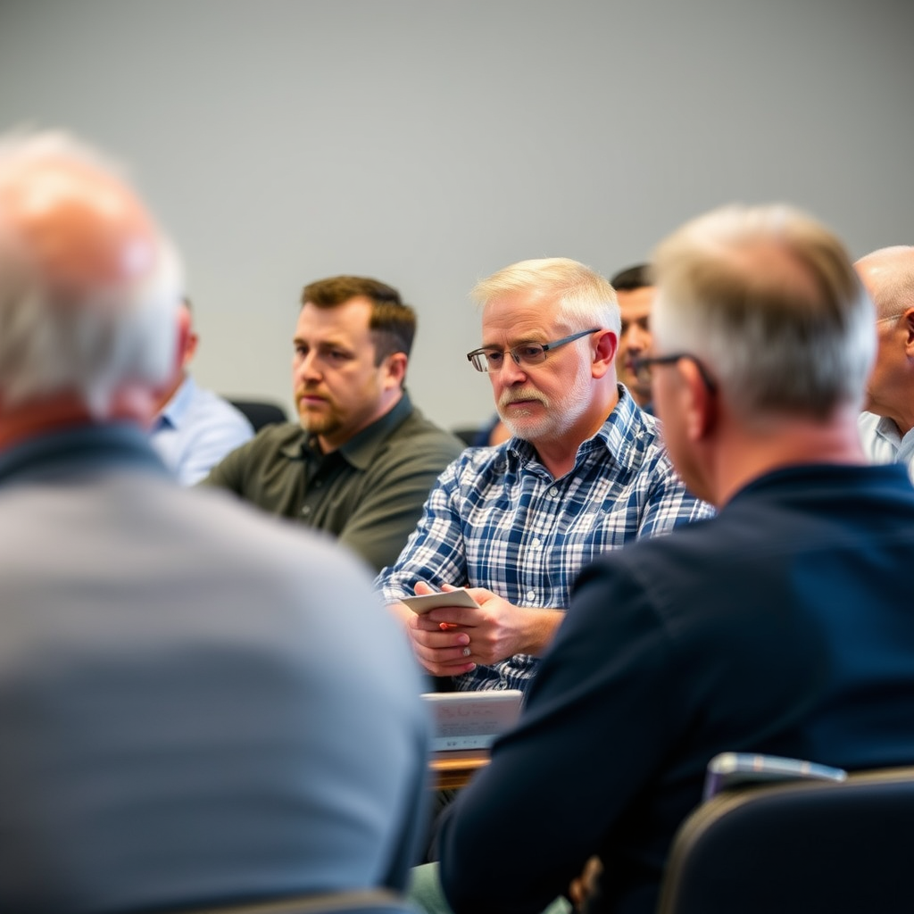 Hombres de diferentes edades participando activamente en taller sobre suplementos naturales para la salud masculina, tomando notas y haciendo preguntas