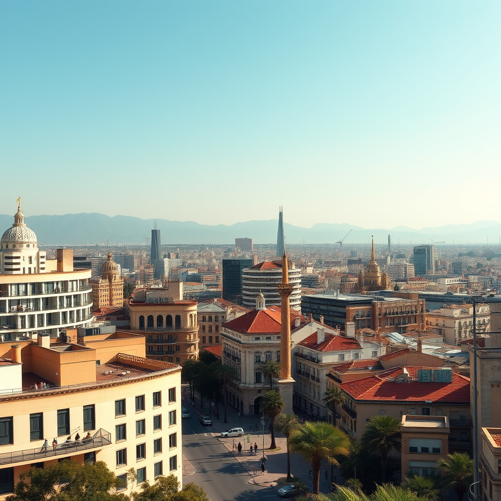 Vista panorámica de Valencia con modernos laboratorios de suplementos naturales y empresarios locales trabajando en productos de bienestar masculino