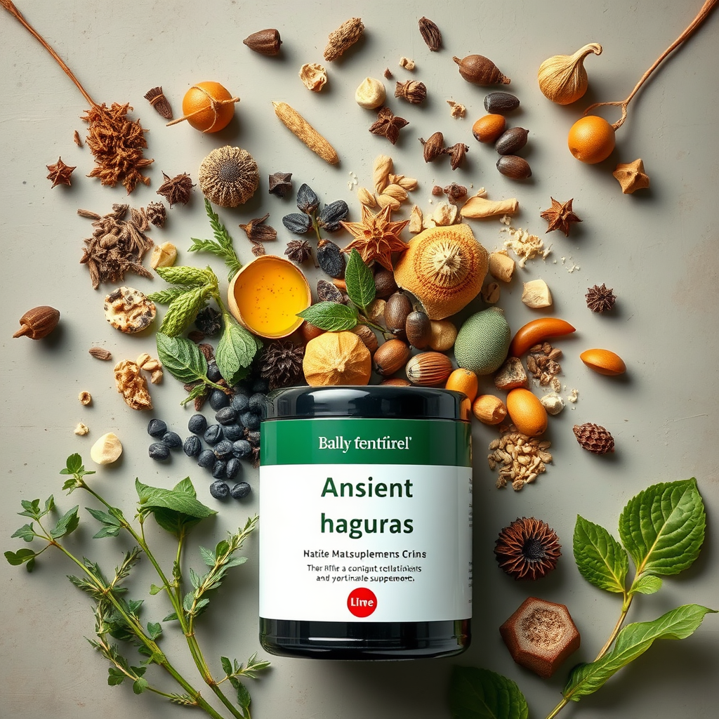 Colección artística de ingredientes naturales premium como hierbas ancestrales y superalimentos modernos dispuestos elegantemente para suplementos masculinos