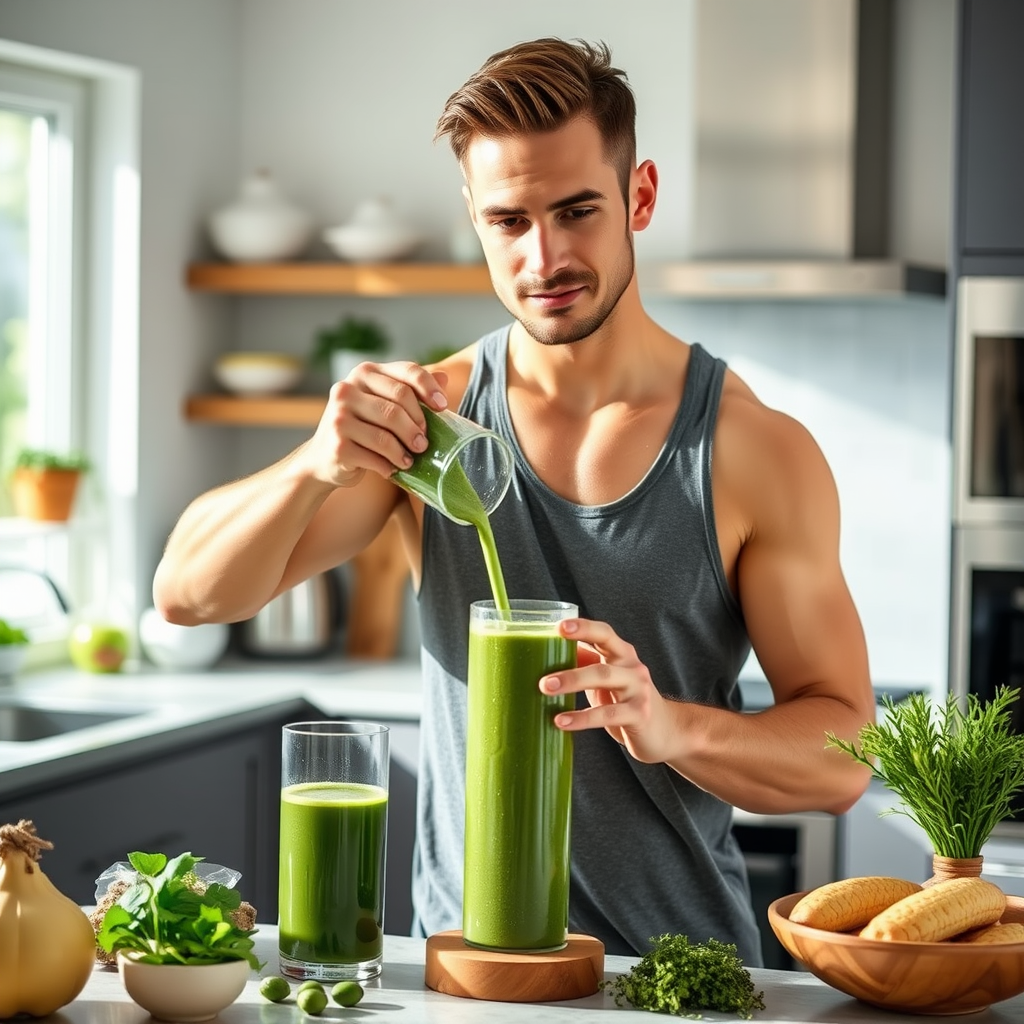 Hombre atlético de mediana edad preparando un batido verde con ingredientes naturales en una cocina moderna con luz natural